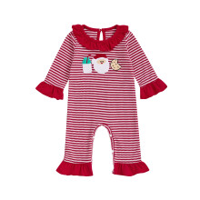 (12-18 Months, Red) Vánoční overal pro miminka s pruhy a vyšívaným Santou, dlouhý rukáv, roztomilé vaflové pletené oblečení