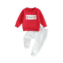(6-12 Months, Red) Vánoční oblečení pro chlapečky, mikina s dlouhým rukávem, jednobarevný pas, tepláky, 2dílná sada