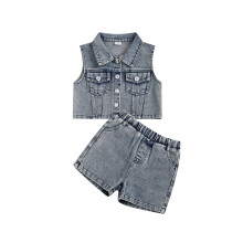 (3-4 Years, Sky Blue) Sommeroutfit für Babys und Mädchen: Einfarbiges Jeans-Set mit Tanktop und Shorts – modisch und süß