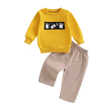 (12-18 Months, Yellow) Halloweenské oblečení pro batolata a chlapce, výšivka duchů, dlouhý rukáv, elastický pas, kostkované kalhoty