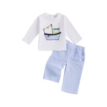 (2-3 Years, White) Herbst-Outfit für Jungen: Langarmshirt mit Segelbootmuster und elastische, gestreifte Hose, 2-teilig, für Kleinkinder