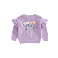 (3-4 Years, Purple) Sweter jesienny dla dziewczynki z długim rękawem i okrągłym dekoltem, z falbanką i grubym splotem