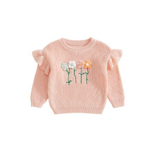 (0-3 Months, Pink) Sweter jesienny dla dziewczynki z długim rękawem i okrągłym dekoltem, z falbanką i grubym splotem