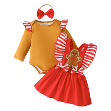 (6-12 Months, Red) Tyttövauvan piparkakkuasu, röyhelöinen pitkähihainen body, lentävät hihat, haalari, rusettipanta, 3 kpl jouluasu