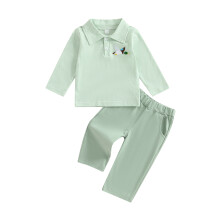 (18-24 Months, Green) Kisgyermek fiú kétrészes szett, csíkos hímzett kacsamintás póló nadrággal őszi szett