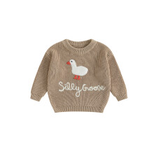 (18-24 Months, Khaki) Kleinkinder-Baby-Ganspullover mit Tiermotiven, Buchstabenstickerei, Rundhalsausschnitt, langen Ärmeln, grob gestrickt