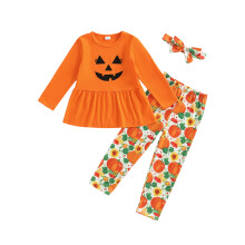 (18-24 Months, Orange) Lasten tyttöjen housut, pitkähihainen irvistyspainatus, kurpitsakuvioiset housut, panta, syysasu, halloween-vaatteet