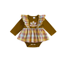 (6-12 Months, Coffee) Combinaison bébé fille à carreaux, imprimé dinde, manches longues, col rond à volants, idéale pour Thanksgiving
