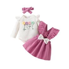 (0-3 Months, White) Vauvan tyttövauvan syysvaatteet pitkähihainen kukkakuvioinen body lentävä hiha rusetti mekko pääpannalla 3kpl asu