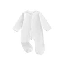 (6-12 Months, White) Kombinezon niemowlęcy z krótkim rękawem i okrągłym dekoltem, zapinany z przodu na zamek, z haftowanymi literami