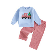 (5-6 Years, Blue) Świąteczny strój dla chłopców i dziewcząt: bluza z długim rękawem i haftowaną choinką, 2 sztuki, komplet
