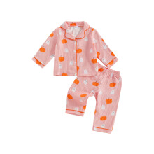(6-12 Months, Pink) 2 db-os lányoknak való halloweeni pizsama szett, hosszú ujjú, tökmintás, gombos ing és nadrág szett, hálóruha