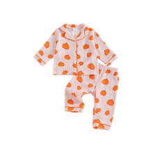 (3-4 Years, Orange) 2 db-os lányoknak való halloweeni pizsama szett, hosszú ujjú, tökmintás, gombos ing és nadrág szett, hálóruha