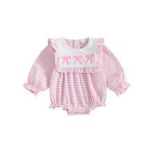(0-3 Months, Pink) Combinaison d'automne pour bébé fille, imprimé rayé, manches longues, col poupée, broderie nœud papillon.