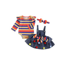 (12-18 Months, Blue) Vauvan tyttövauvan syysasu, raidallinen pitkähihainen body, farkkushortsit, minihame ja rusettipanta, 3 kpl setti