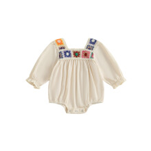 (12-18 Months, Beige) Combinaison d'automne décontractée pour bébé fille, beige, manches longues, motif bohème brodé