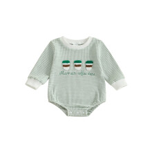(9-12 Months, Green) Barboteuse bébé, manches longues, col rond, rayures brodées, body automne pour filles et garçons
