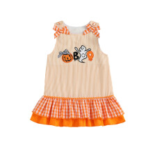 (2-3 Years, Orange) Rochie de Halloween pentru fetițe mici, cu dungi, tiv cu volane, guler rotund, fără mâneci