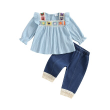 (6-12 Months, Blue) 2-teiliges Herbstoutfit für Babys: Boho-Langarmtop mit Blumenmuster + Jeans-Set für Kleinkinder