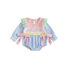 (3-6 Months, Blue) Combinaison rayée d'automne pour bébé fille, manches volantées, col rond, broderie lettres