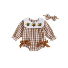 (3-6 Months, Brown) Combinaison bébé fille pour Thanksgiving, manches longues, col poupée, broderie dinde, à carreaux