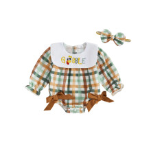 (3-6 Months, White) Combinaison bébé fille pour Thanksgiving, manches longues, col poupée, broderie dinde, à carreaux