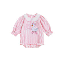 (3-6 Months, Pink) Combinaison bébé fille brodée d'oies, manches longues, col poupée, adorable combinaison à rayures