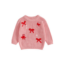 (2-3 Years, Pink) Girls Knit Christmas Sweaters Long Sleeve Round Neck Bow Candy Cane Embroidery Knitwear