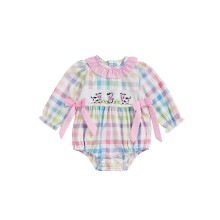 (3-6 Months, Pink) Combinaison à carreaux pour bébé fille, manches longues, broderie vache et nœud papillon, adorable tenue de ferme