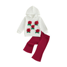 (3-4 Years, Red) Herbstoutfit für Kleinkinder: 3D-Blumen-Langarmhoodie + Schlaghose mit elastischem Bund, 2-teiliges Set