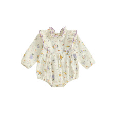 (3-6 Months, Lavender) Mono de bebé niña de otoño con estampado floral, manga larga, cuello alto y volantes.