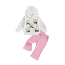 (3-4 Years, Pink) Herbstoutfit für Kleinkinder: 3D-Blumen-Langarmhoodie + Schlaghose mit elastischem Bund, 2-teiliges Set
