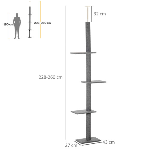 PawHut PawHut 260cm Cat Tree Floor To Ceiling Adjustable Height, Grey 2