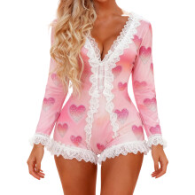 (L, Rose Red) Women's Valentine's Day Pajamas Shorts Romper Long Sleeve V Neck Lace Trim Heart Print Jumpsuit Sleepwear