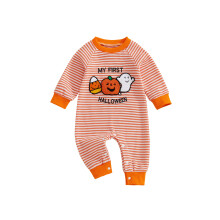 (12-18 Months, Orange) Baba Halloween Romper Szellem Tök Betűmintás Csíkos Kerek Nyakú Hosszú Ujjú Overall Őszre