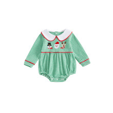 (3-6 Months, Green) Baba lányoknak karácsonyi romper csíkos mikulás hímzés hosszú ujjú babagallér buborékos jumpsuit