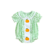 (12-18 Months, Green) Kislány tök hímzett overál halloweeni rövid ujjú babagallér kockás romper