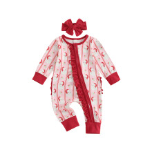 (0-3 Months, Red) Baba lány karácsonyi romper mikulás mintás hosszú ujjú kerek nyakú fodros cipzáras jumpsuit