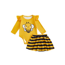 (9-12 Months, Yellow) Kislány méhecske-szerű, fodros, hosszú ujjú, csíkos, rugalmas derekú szoknya, kétrészes őszi szett