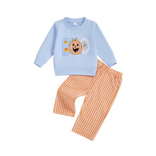(6-12 Months, Blue) Halloweenské oblečení pro batolata, svetr s dýňovou výšivkou a 2 kostkované kalhoty.
