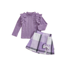 (3-4 Years, Purple) Gyerek lányka szoknya szett, hosszú ujjú, kerek nyakú póló kockás szoknyával, őszi kétrészes szett