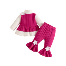 (6-9 Months, Red) Herbstoutfit für Kleinkinder: 2-teiliges Set mit 3D-Blumen, langärmeligem Oberteil und Schlaghose