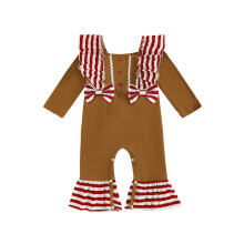 (12-18 Months, Brown) Kislány mézeskalács jelmez, bő szabású, csíkos, fodros, hosszú ujjú, baba karácsonyi romper