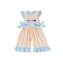 (3-6 Months, Orange) Baba lány hímzett, kockás, kerek nyakú, ujjú töklámpás overál, hétköznapi halloweeni romper
