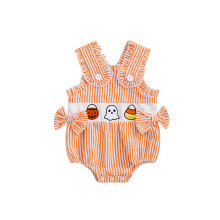 (6-12 Months, Orange) Kislány overall, ujjatlan csíkos hímzéses szellemes romper body halloweeni ruhák