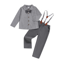 (3-4 Years, Gray) Batolecí pánský outfit pro chlapce, košile s dlouhým rukávem, motýlek, kalhoty na šle, 2dílná sada