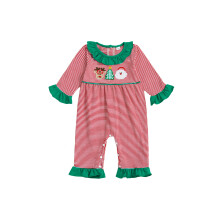 (12-18 Months, Red) Baba lány overál, hosszú ujjú, kerek nyakú, csíkos, hímzett, Mikulás-ruha karácsonyi ruhákhoz