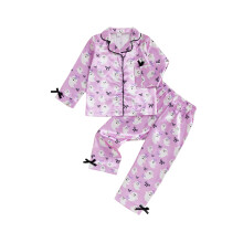 (2-3 Years, Purple) Kislány halloweeni pizsama szett szellem masni mintás gombos hajtókás V-nyakú hosszú ujjú felsők és nadrágok