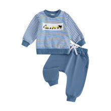 (12-18 Months, Blue) Batolecí chlapeček, zimní oblečení, pruhovaná mikina a tepláky s bagrem, 2dílná sada