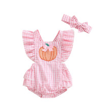 (12-18 Months, Pink) Kislány halloweeni ruhák fodros ujjatlan masni tök hímzett romper fejpántos szettel újszülött ruhák